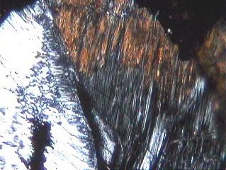 照片名称:交代成因的条纹长石(正交镜)照片名称:交代净边结构(正交镜)