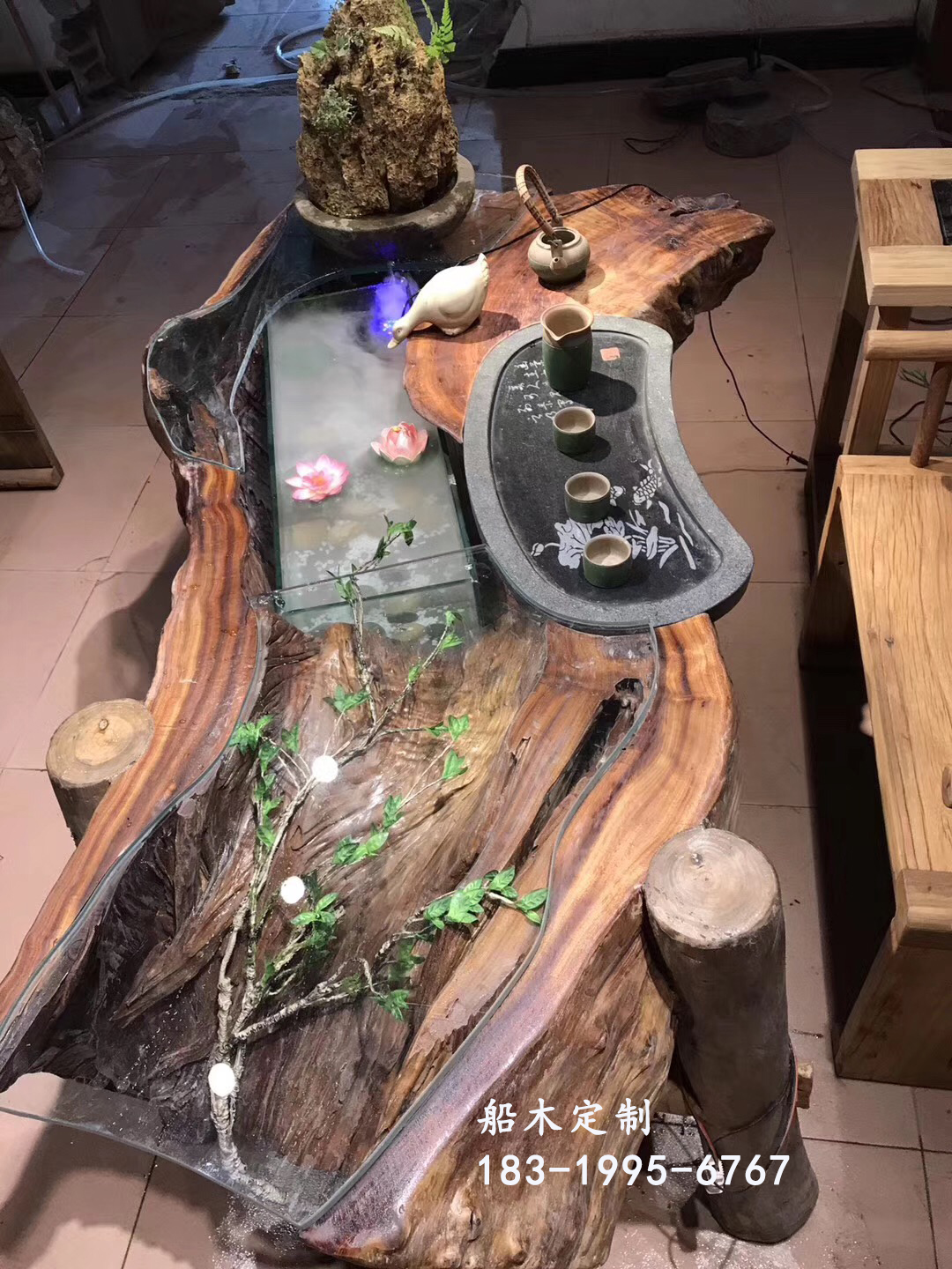 老船木流水茶台 船木休闲流水茶台