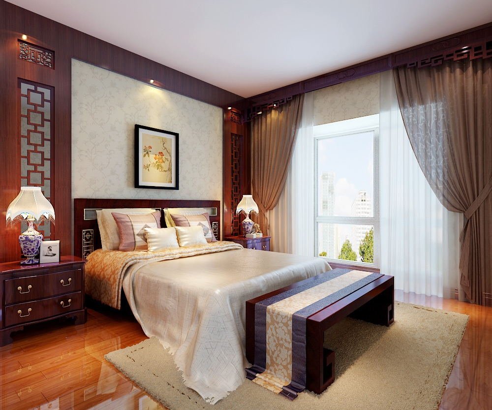 主卧背景墙也是采用屏风与墙布的结合,呼应了客厅整体风格,卧室也更显