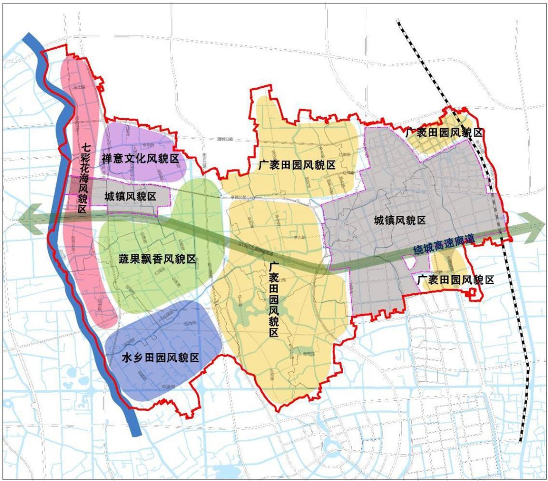 七彩花海风貌区风貌区位于亭林镇西部,张泾河东岸,依托现状花卉盆栽