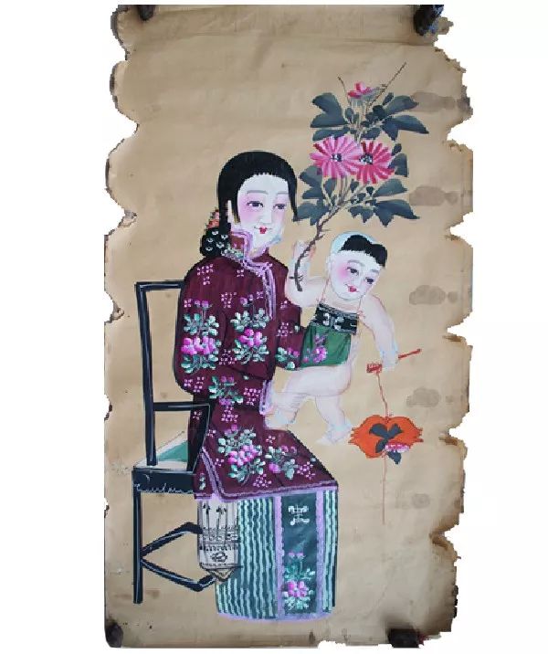 《母子圖》90x50cm,高密撲灰年畫,清末,自藏