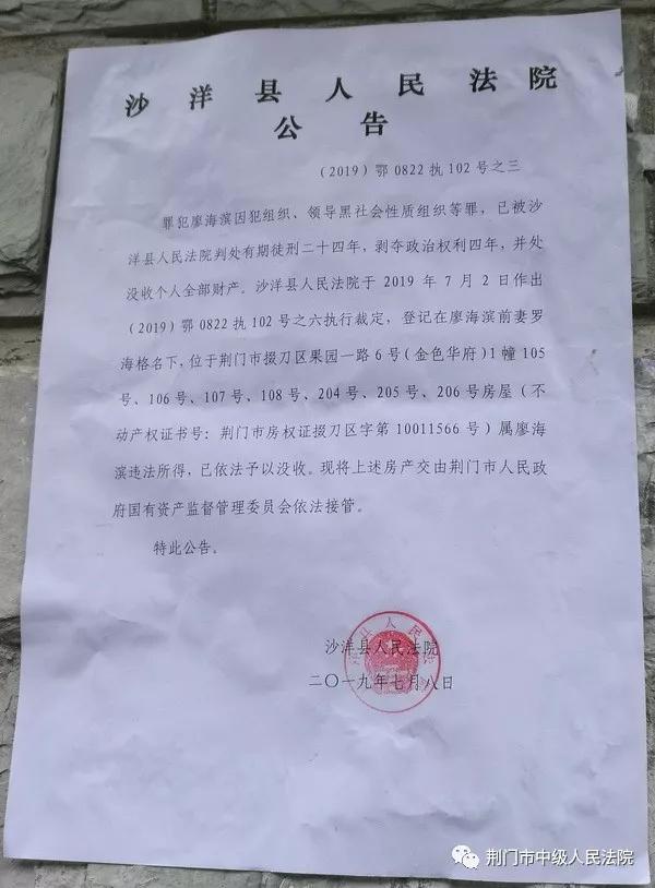 荆门两级法院聚力打财断血廖海滨涉黑财产被依法没收