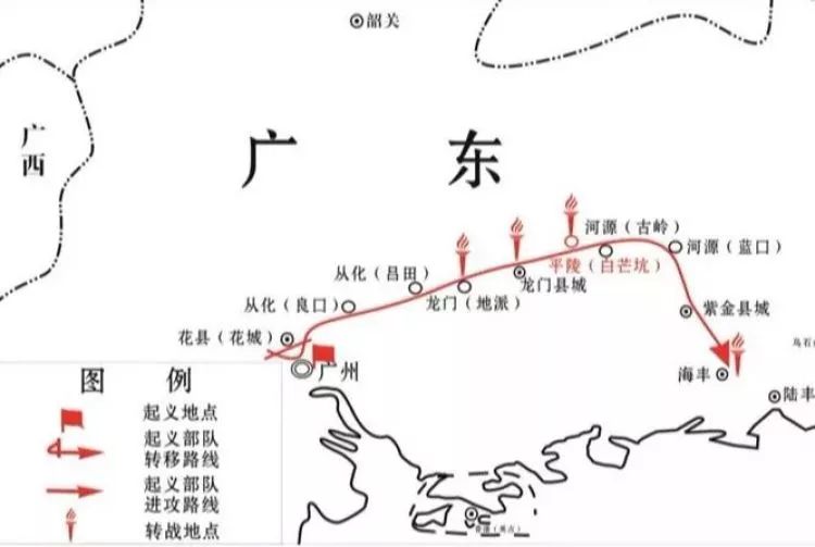工农红军第四师转战龙门路线示意图.地派旧圩街.