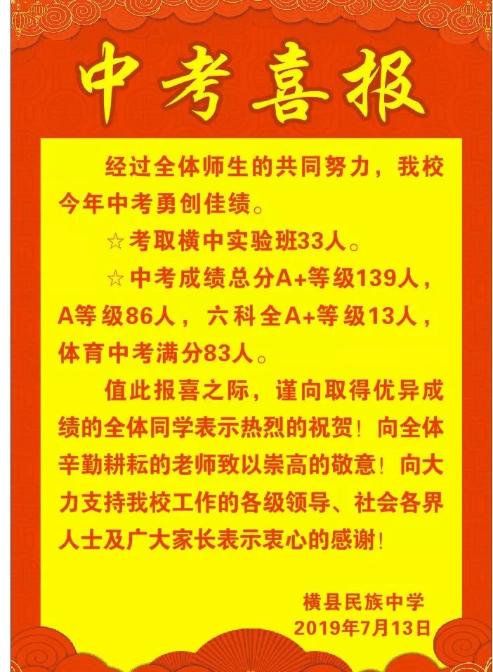 2 横县民族中学消息:2019年中考喜报