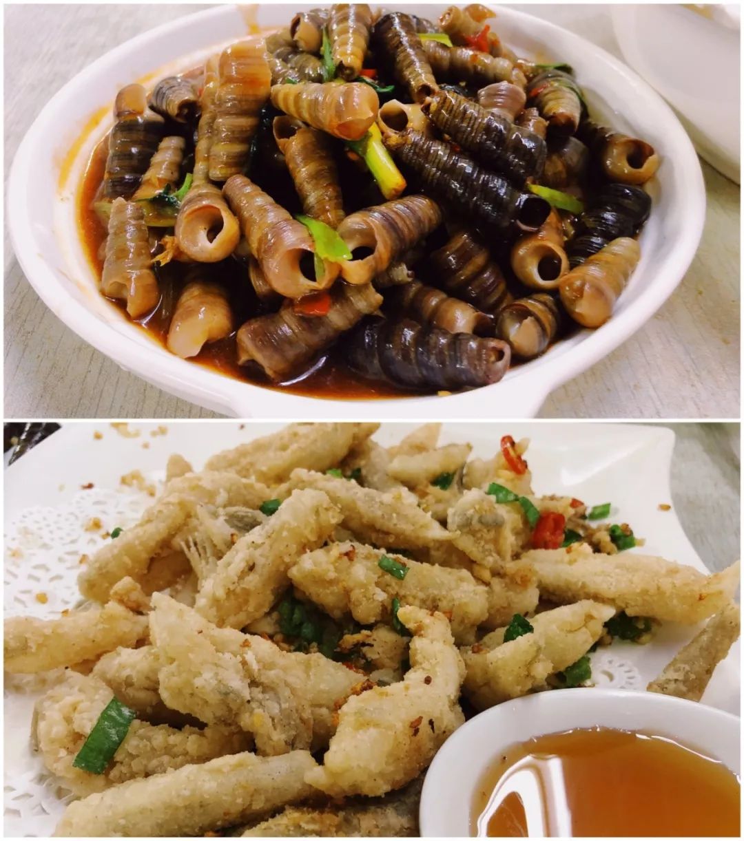 一碗量足料多的海鲜粥配上一盘炒钉螺和肉质鲜嫩如豆腐的龙头鱼毫不