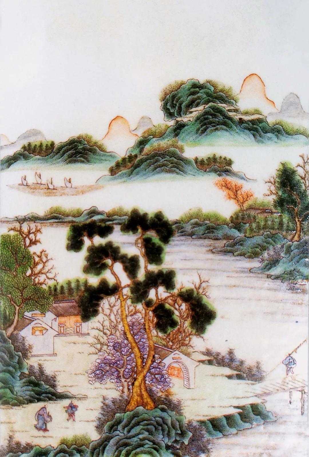 瓷器绘画清道光《携琴访友纹》粉彩瓷板画纸本绘画明 蓝瑛《山水图册