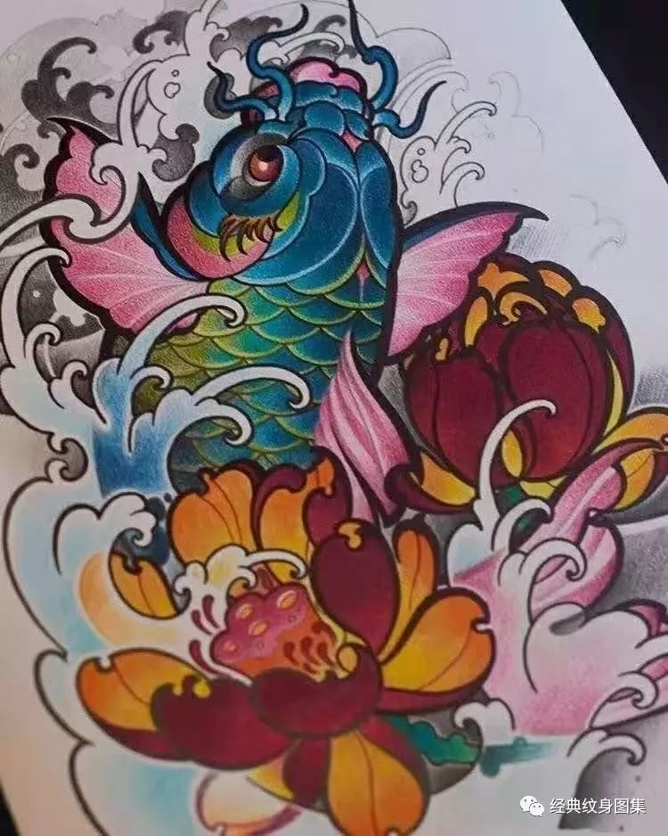 鲤鱼跃龙门纹身彩色图片