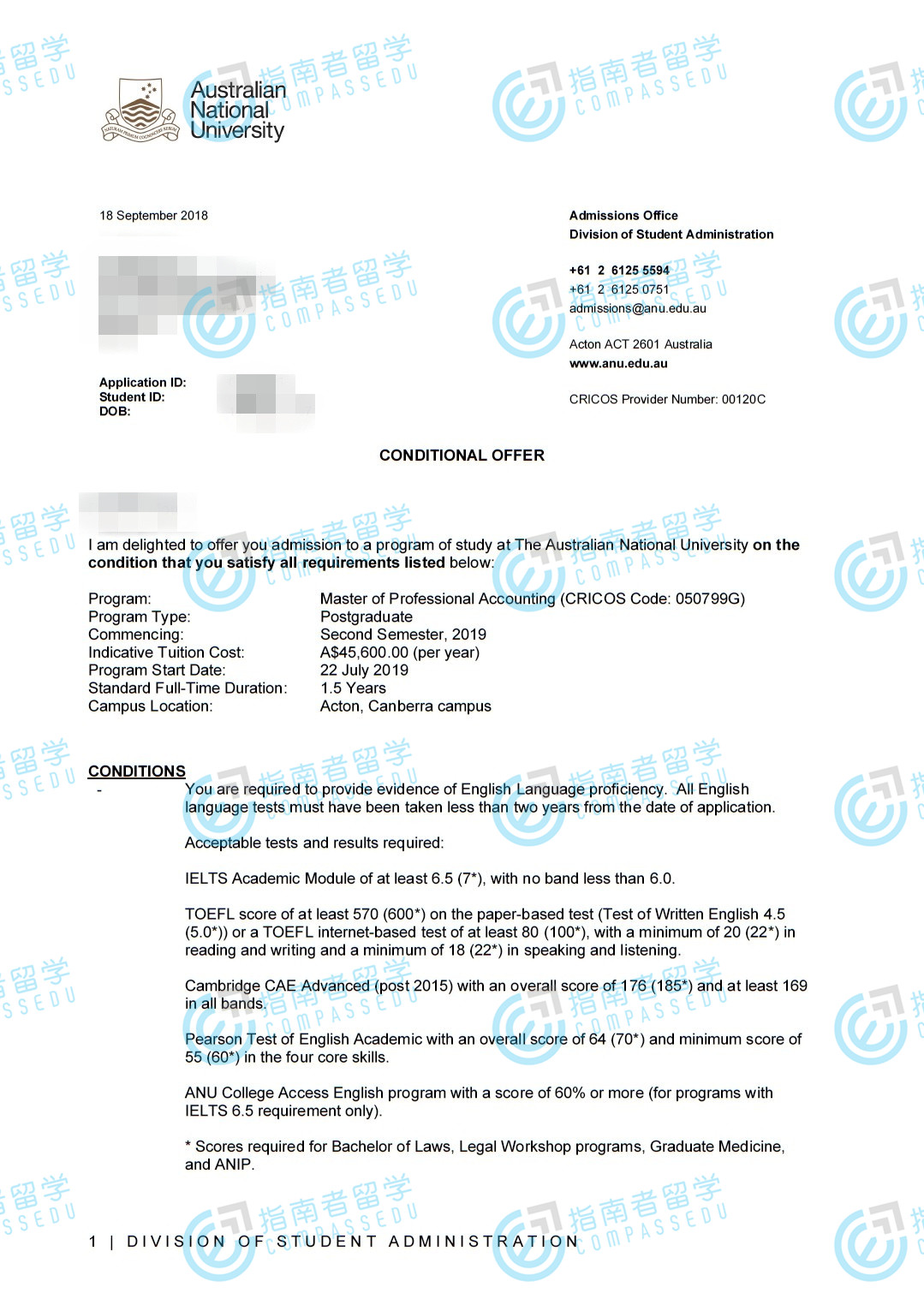 澳大利亚国立大学专业会计硕士研究生offer一枚