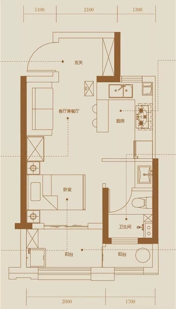 其中 02-06中间户主力户型面积约45,采用一室一厅一卫的空间布局.