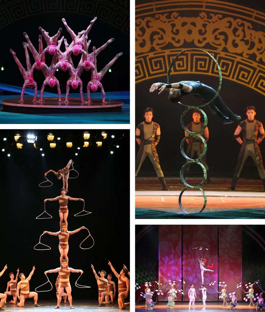 绳技,顶碗,滚杯等主要是由超高技巧肢体动作杂技的艺术语言以高,难,险