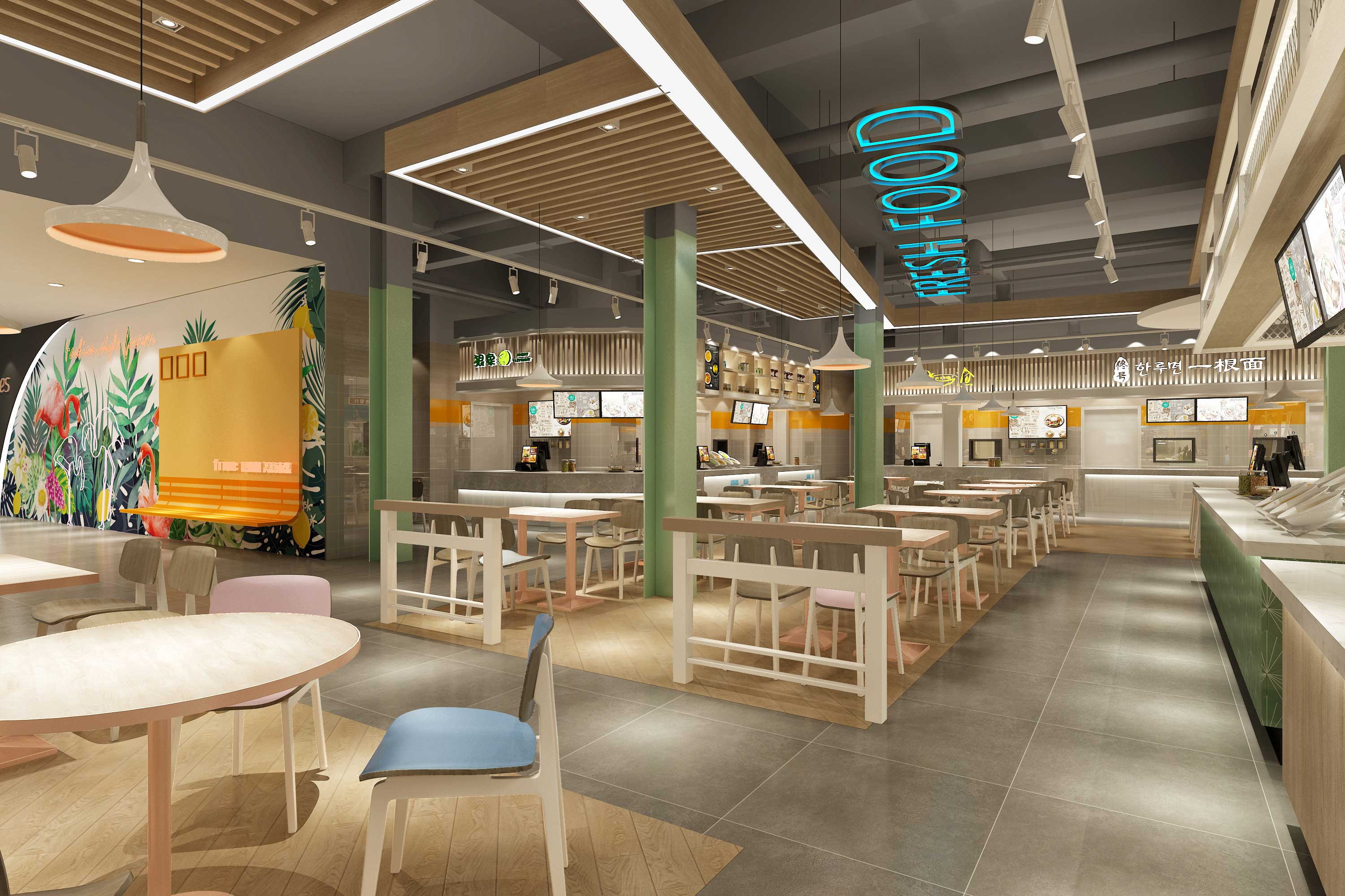 ▼档口区域店铺的不同设计,融入整体风格.