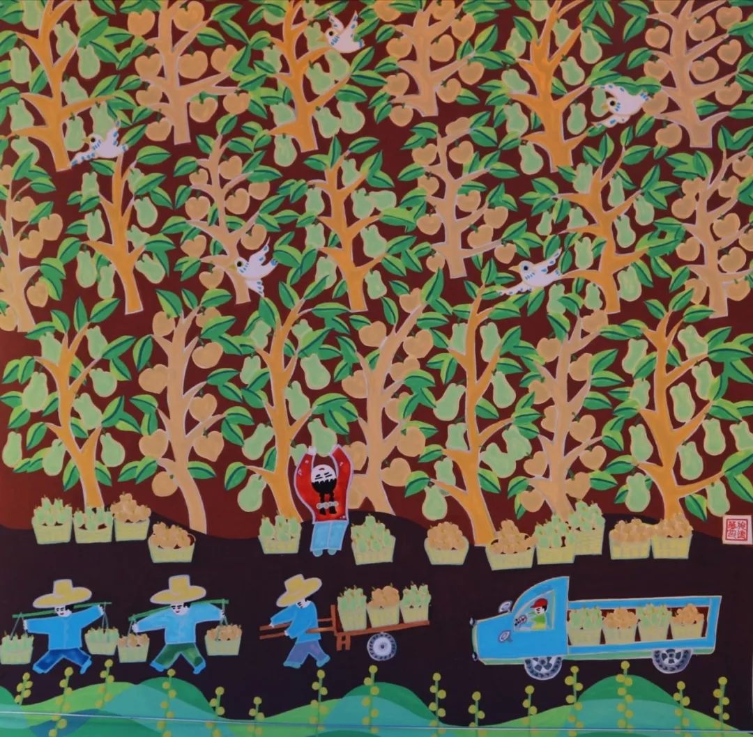 施建华农民画硕果累累丰收情,最是七月蜜梨甜.