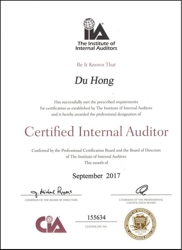 完成cia三科考试后,可获得由iia颁发的国际注册内部审计师资格证书