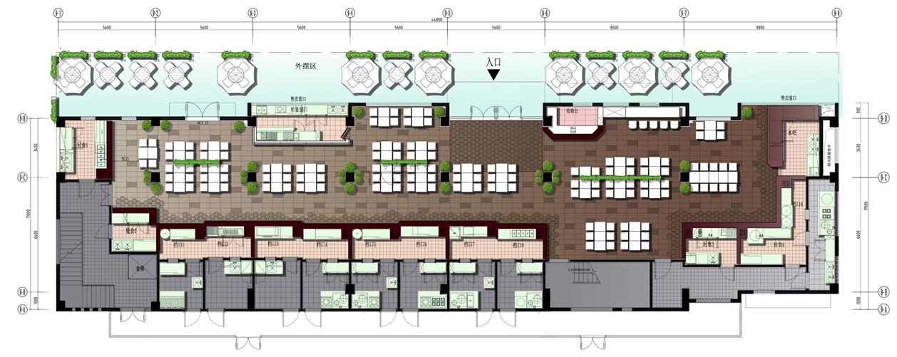 ▼项目平面:美食街一共三层,一层主要经营当地的特色小吃,为来往的