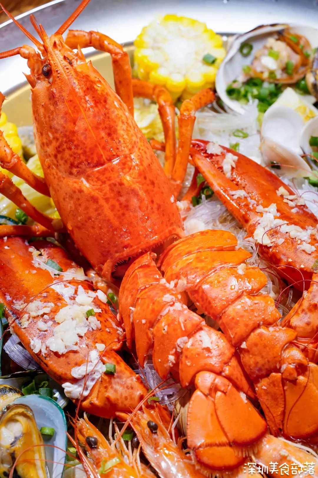 大龙虾,是拼盘中的王者超大分量,盖子hold不住现点现蒸,上桌持续加热