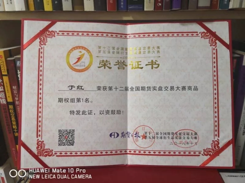 期权组第一名第十一届全国期货实盘交易大赛荣誉证书于红老师成绩展示