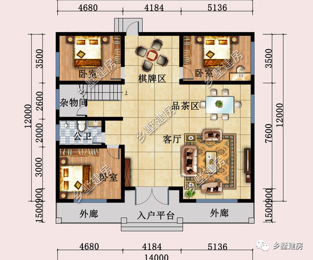 别墅立面图2:别墅设有偏房,符合农村习惯.