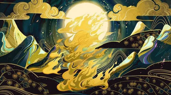 红色的拱桥,海浪,云朵,细腻的线条,抓住了日本浮世绘画风的部分精华