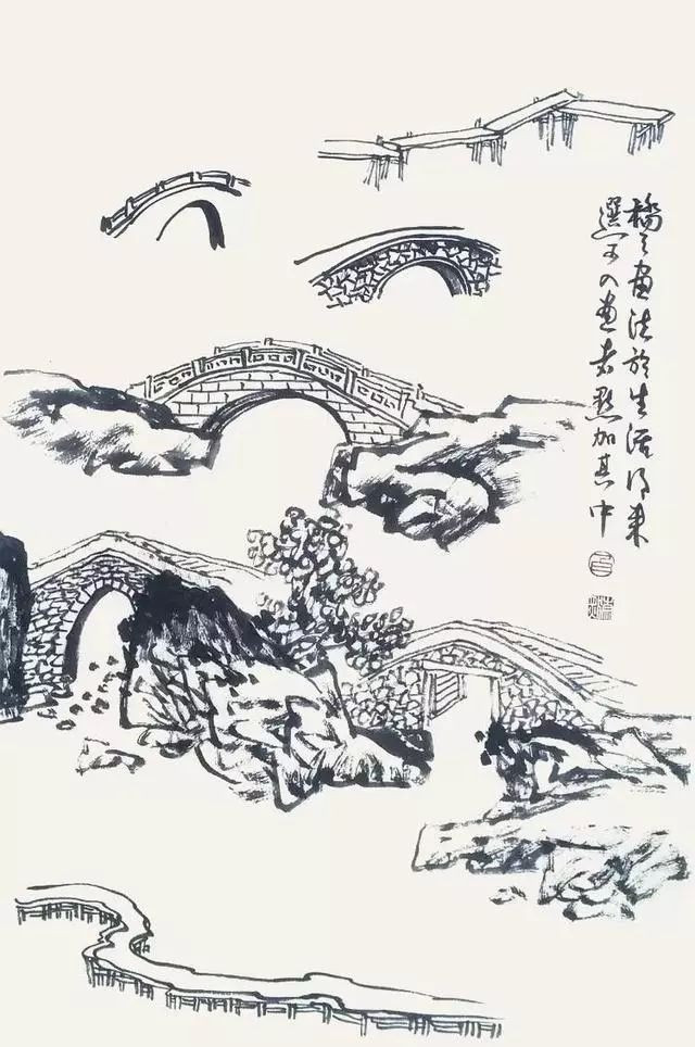 超全山水点景画稿房屋亭榭桥梁照着画就行收藏