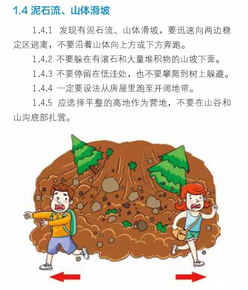 山体滑坡或者泥石流久雨之后容易发生要远离路灯杆,电线杆人经过的