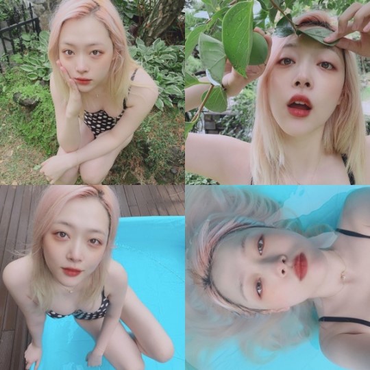 [星闻]雪莉展现性感泳装造型,"买了个小游泳池,想让心情好起来"