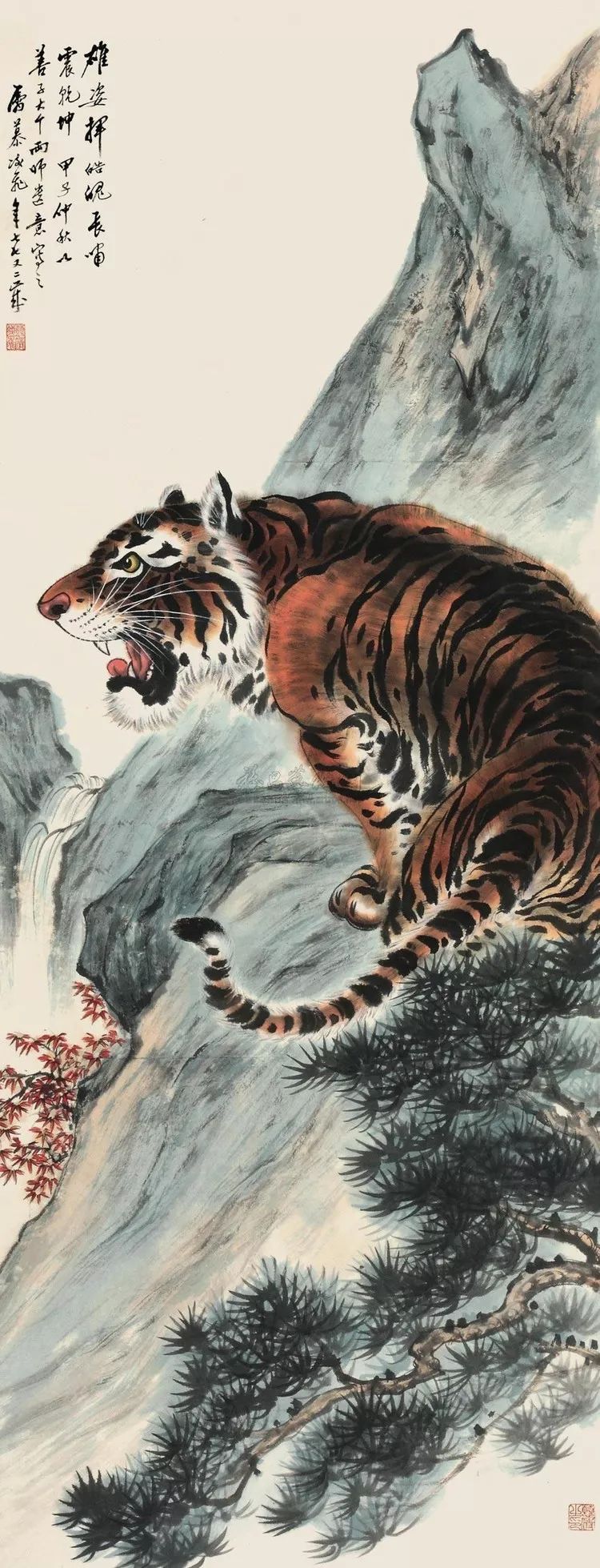 山水以金碧,泼墨泼彩见长,尤擅画虎,所作形神兼备,气势动人.