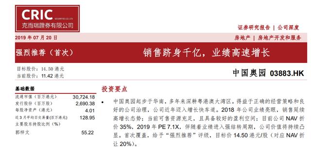 克而瑞证券给予中国奥园"强烈推荐"评级 目标价14.50港元