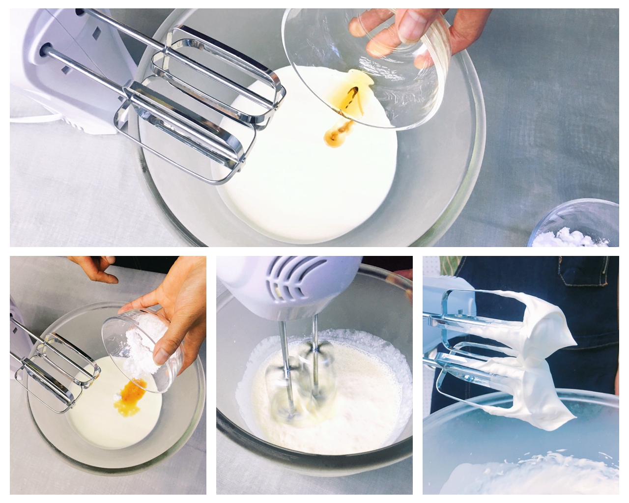 将打发好的奶油装入裱花袋中,将班戟皮与锅底接触的一面朝上,挤上奶油