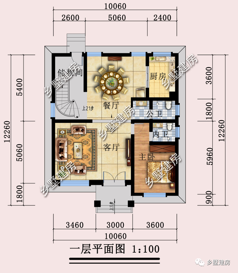 26米这栋三层简欧风格别墅外观采用鹅黄色真石漆搭配红色坡屋顶,整体