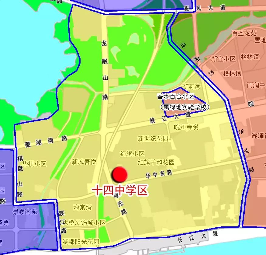 西:宜城路以东;南:沿江东路以北;东:棋盘山路～华中路～渡江路以西