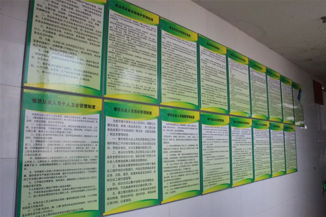 食品安全制度上墙工作人员穿戴工作衣帽冰箱内食品用保鲜盒分类存放