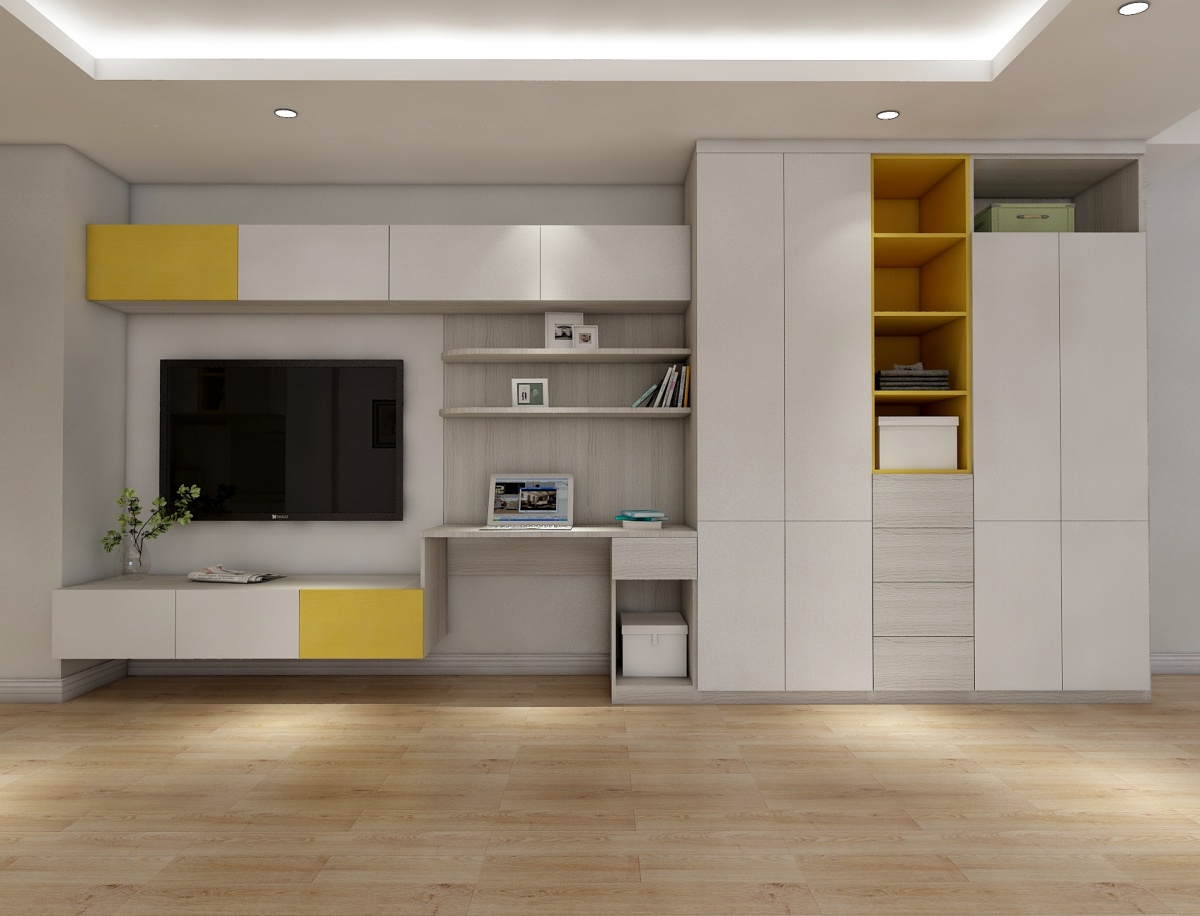 电视柜,办公桌,衣柜三者沿墙一体化的设计,使室内空间增容不少,把空间