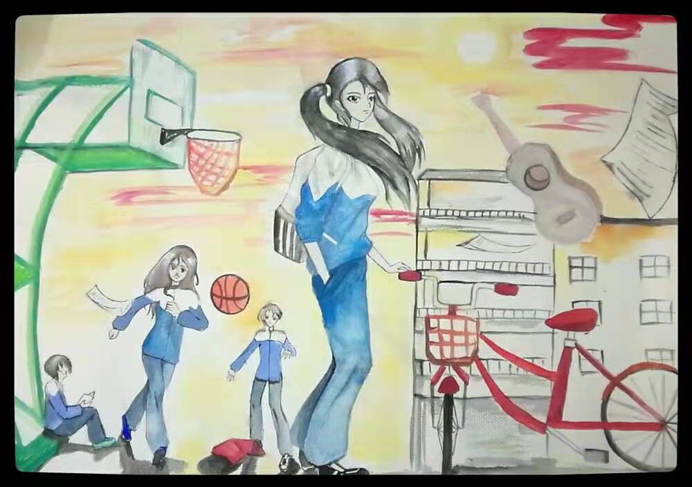 女儿2018年画的2张水彩画 反映的都是校园快乐时光
