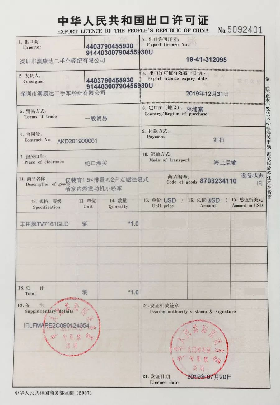 相关部门的指导和支持下,从车辆过户,第三方车辆检测,申请出口许可证
