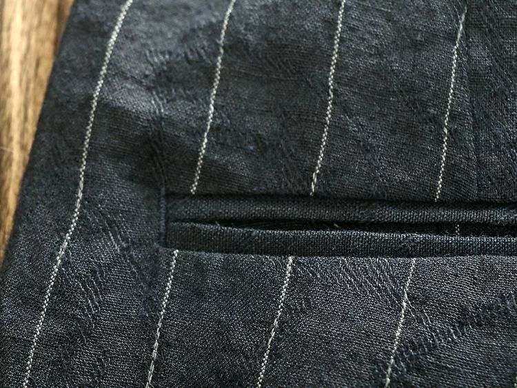 亚麻黑色条纹休闲裤