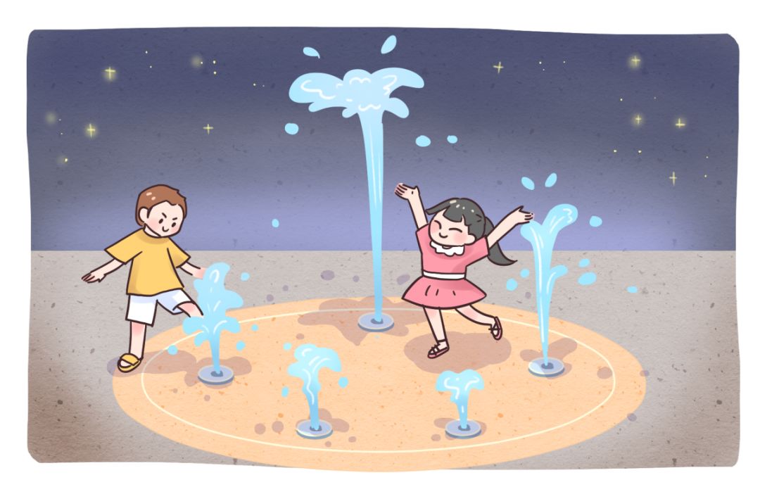 在喷泉间穿梭玩耍,或者将脚伸进喷泉池中泡着