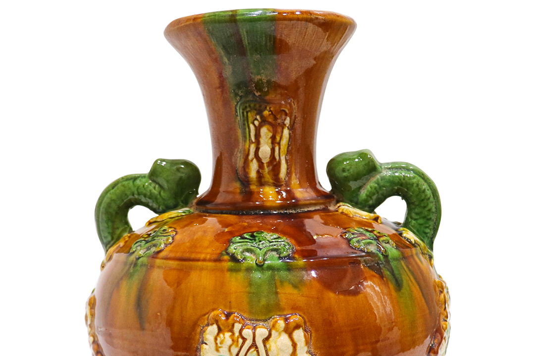 中国 唐三彩 双龍耳瓶 時代箱付 V R3361