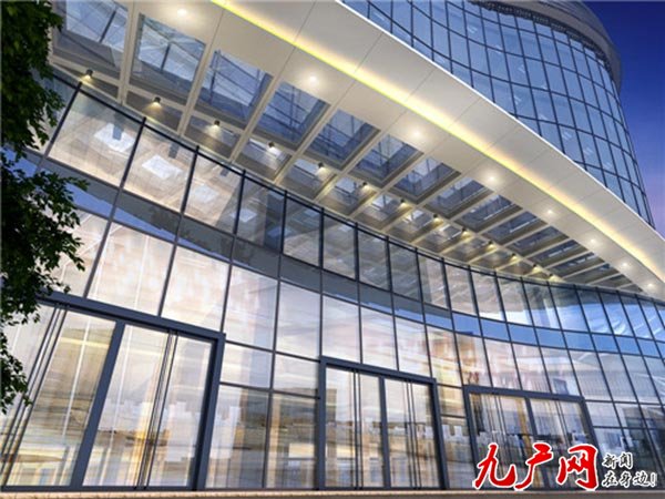 商业楼外立面安装的折叠型沉头式点挂玻璃幕墙,属于领先的玻璃幕墙