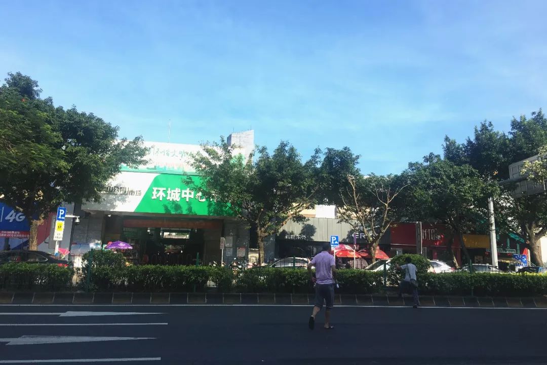 城南二路环城中心市场路段公交站,市场就在马路对面,这些行人看绿化带