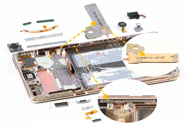 然后取下金属天线,按键软板,耳机孔软板,听筒,振动器,按键软板通过