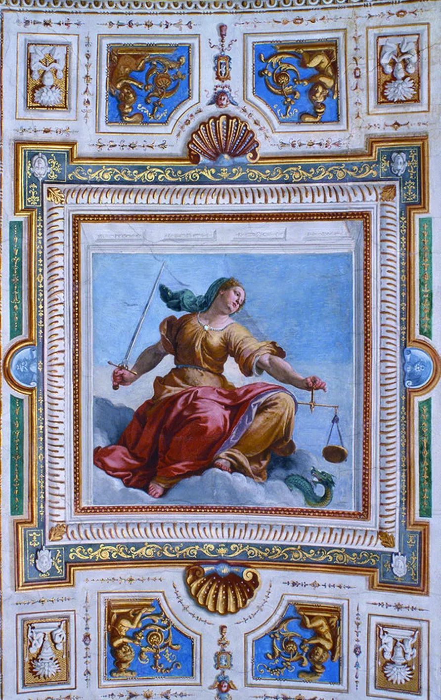 这幅正义女神湿壁画位于皮蒂宫(palazzo pitti)沙龙的天花板上,画家