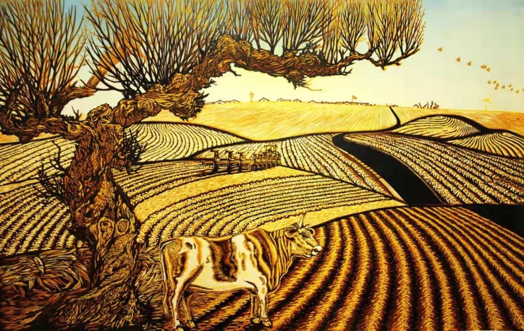 陈立版画作品初春田间耕种盛夏莺歌燕舞深秋姹紫嫣红隆冬冰开鱼跃