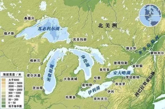 美国五大湖泊分布图图片
