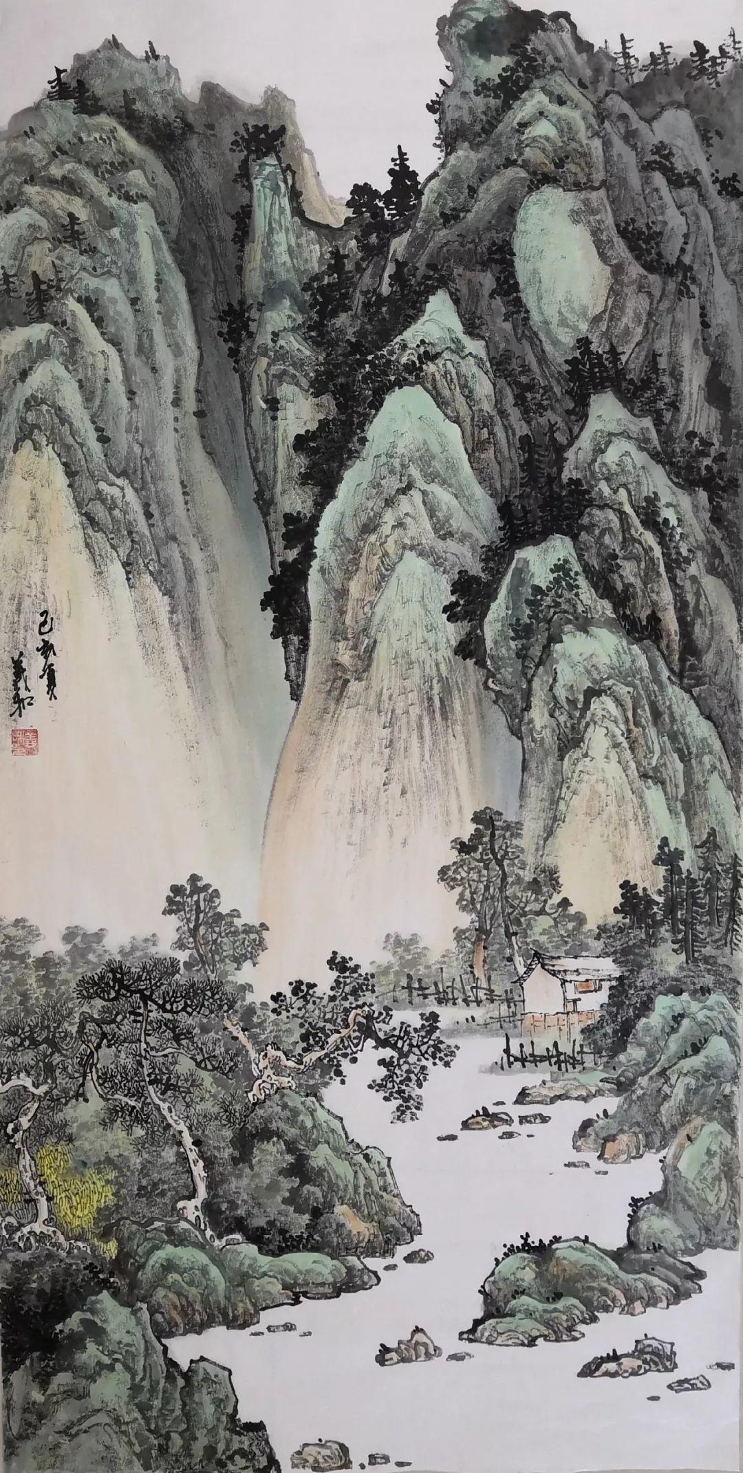 山水画创作中,如何营造连绵不绝,苍翠欲滴的壮丽画面?_殷义和