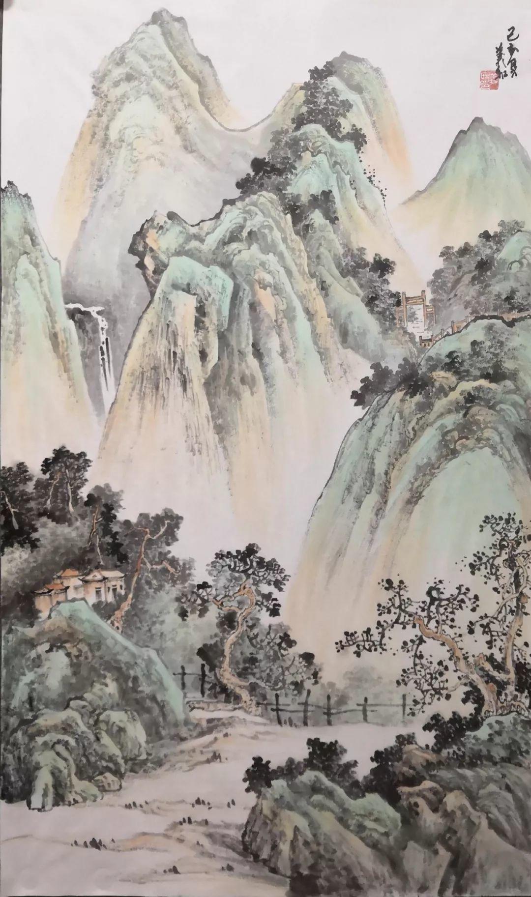 山水画创作中,如何营造连绵不绝,苍翠欲滴的壮丽画面?_殷义和