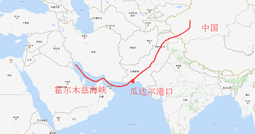 到达巴基斯坦的瓜达尔港口,通过未来建设的中巴输油管道,直接进入中国