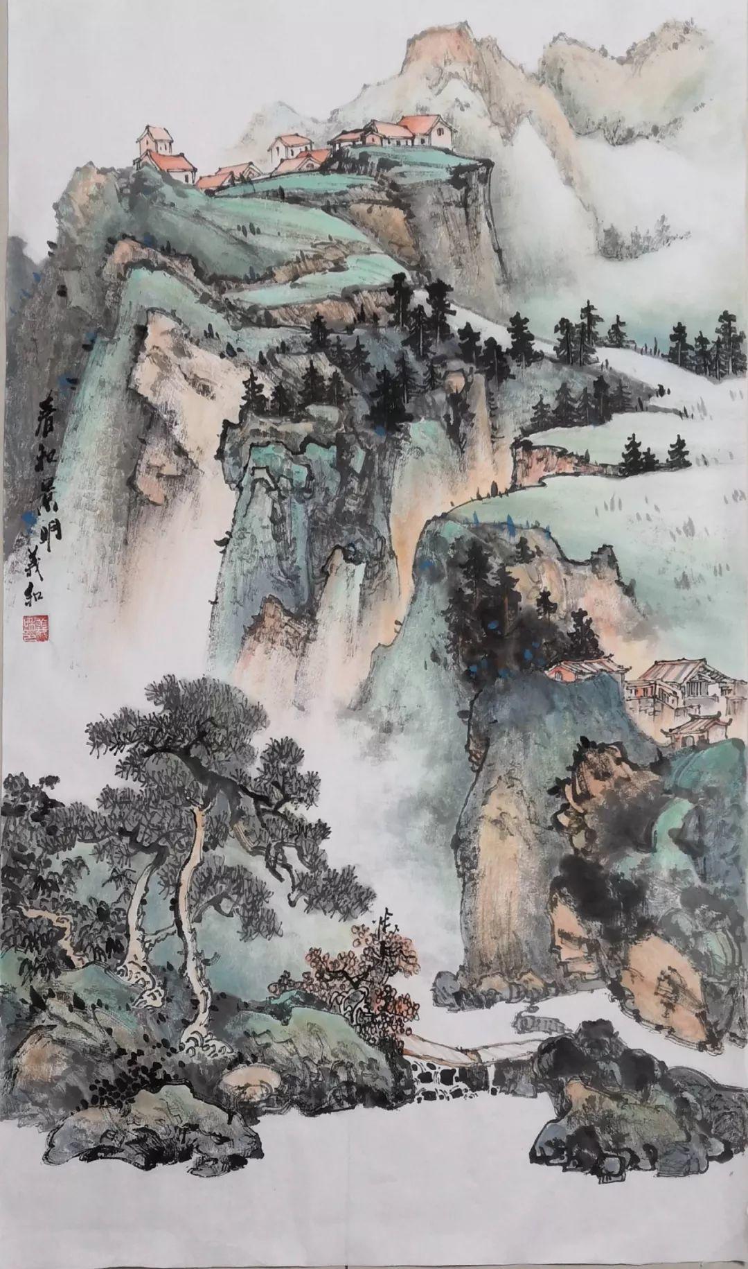 山水画创作中,如何营造连绵不绝,苍翠欲滴的壮丽画面?_殷义和