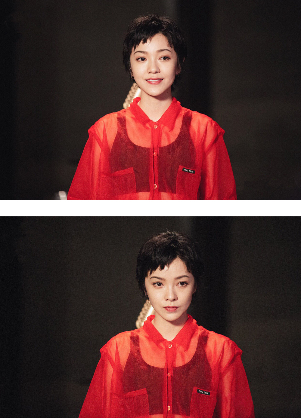 原创33岁郭采洁薄纱罩衫搭配蛇纹裙,造型复古又惊艳,短发红衣真撩人