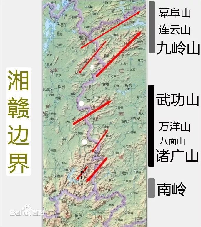 湘赣边界示意图至于西江南丘陵,在地理结构上呈现出的特点可以用
