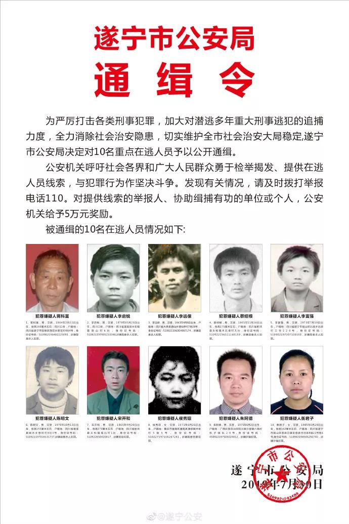 遂宁警方重金悬赏10名在逃人员,个个都罪大恶极!
